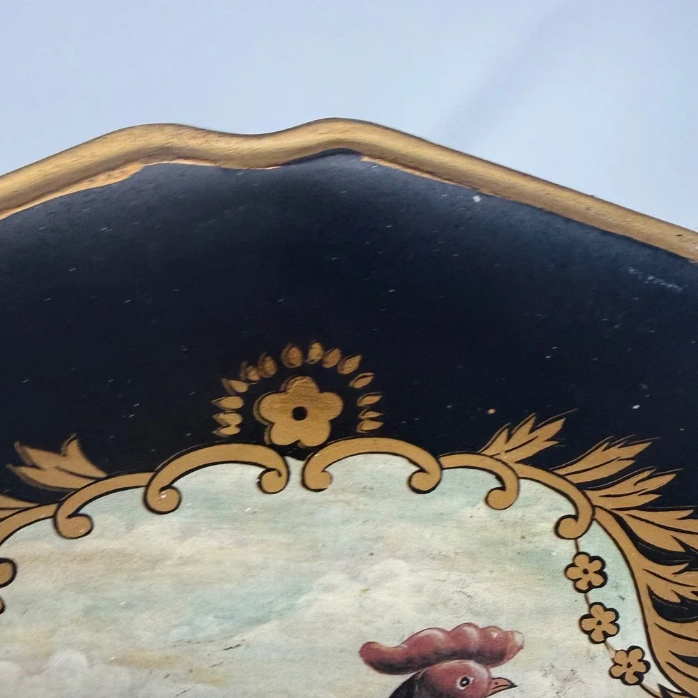 Vintage Hand Painted Rooster Toleware Decorative Plate Black Gold Scalloped 12